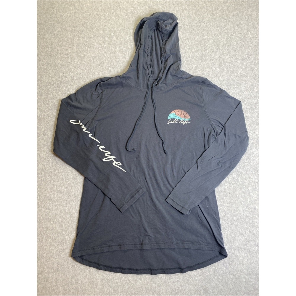 Salt Life Women's Lightweight Hooded Shirt Gray Sunset Graphic Sleeve Script M